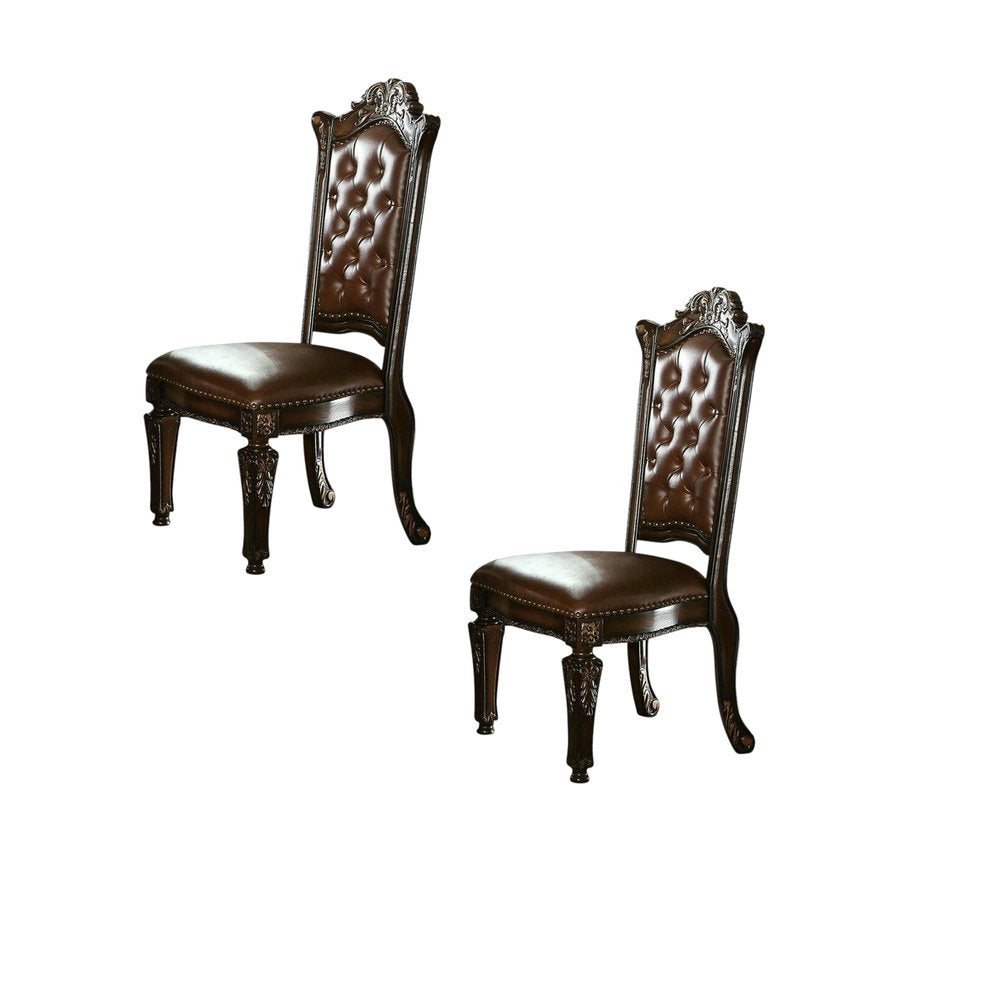 Set of Two Dark Brown and Mahogany Tufted Faux Leather Dining Side Chairs