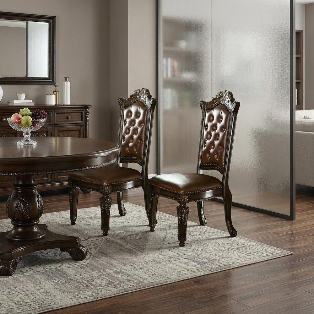 Set of Two Dark Brown and Mahogany Tufted Faux Leather Dining Side Chairs