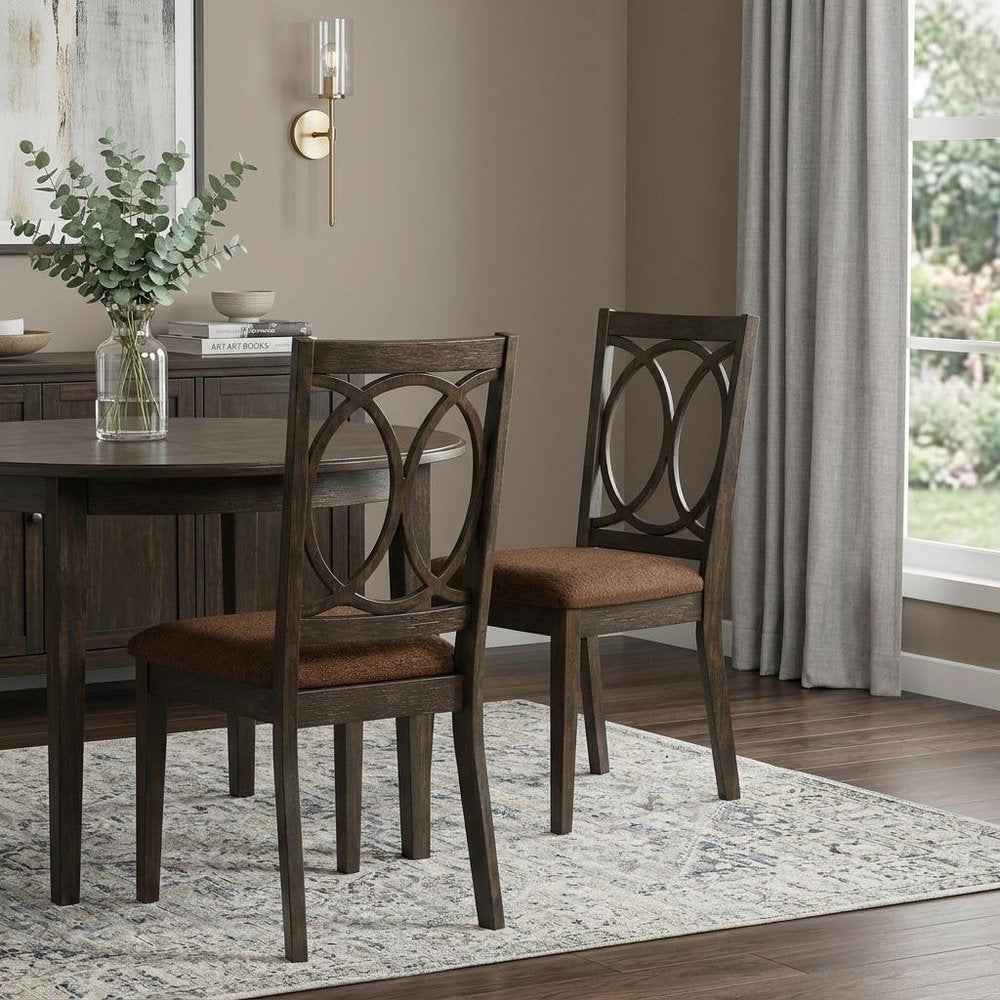 Set of Two Brown and Espresso Fabric Open Back Dining Side Chairs