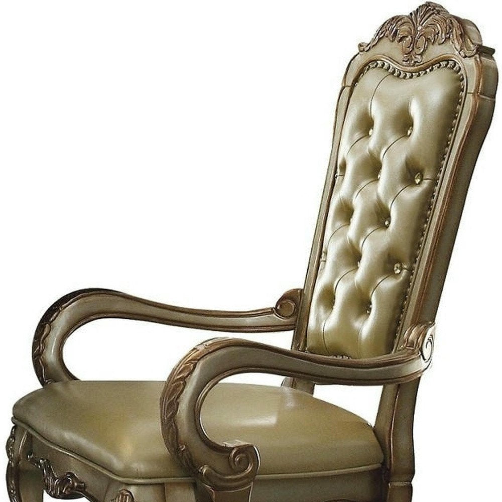 Set of Two Bone Tufted Faux Leather Dining Arm Chairs