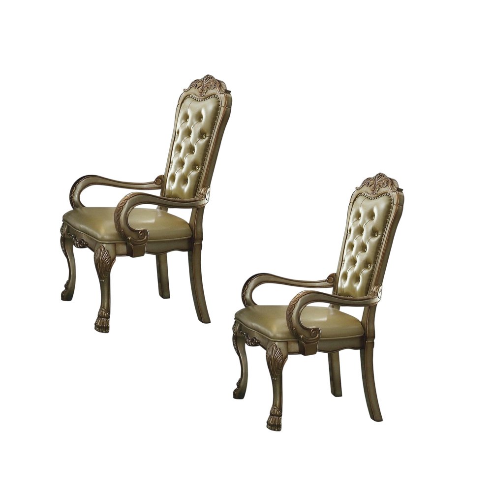 Set of Two Bone Tufted Faux Leather Dining Arm Chairs