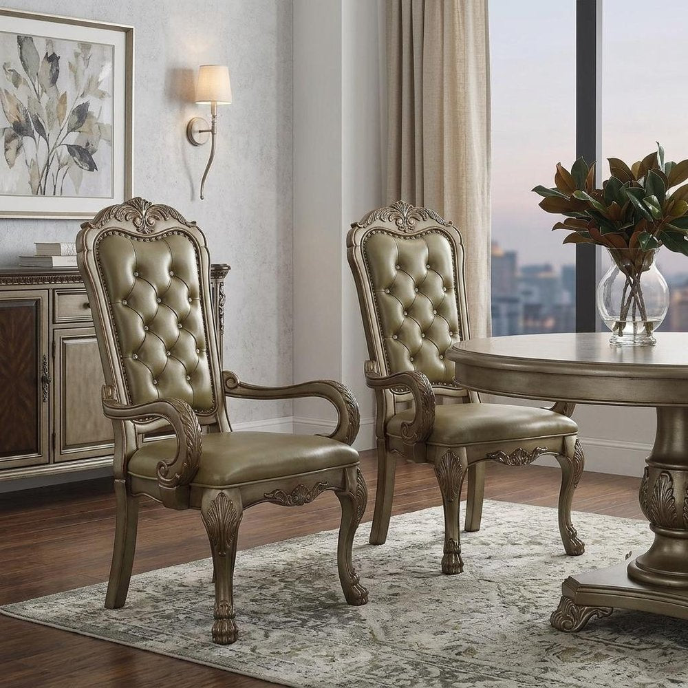 Set of Two Bone Tufted Faux Leather Dining Arm Chairs