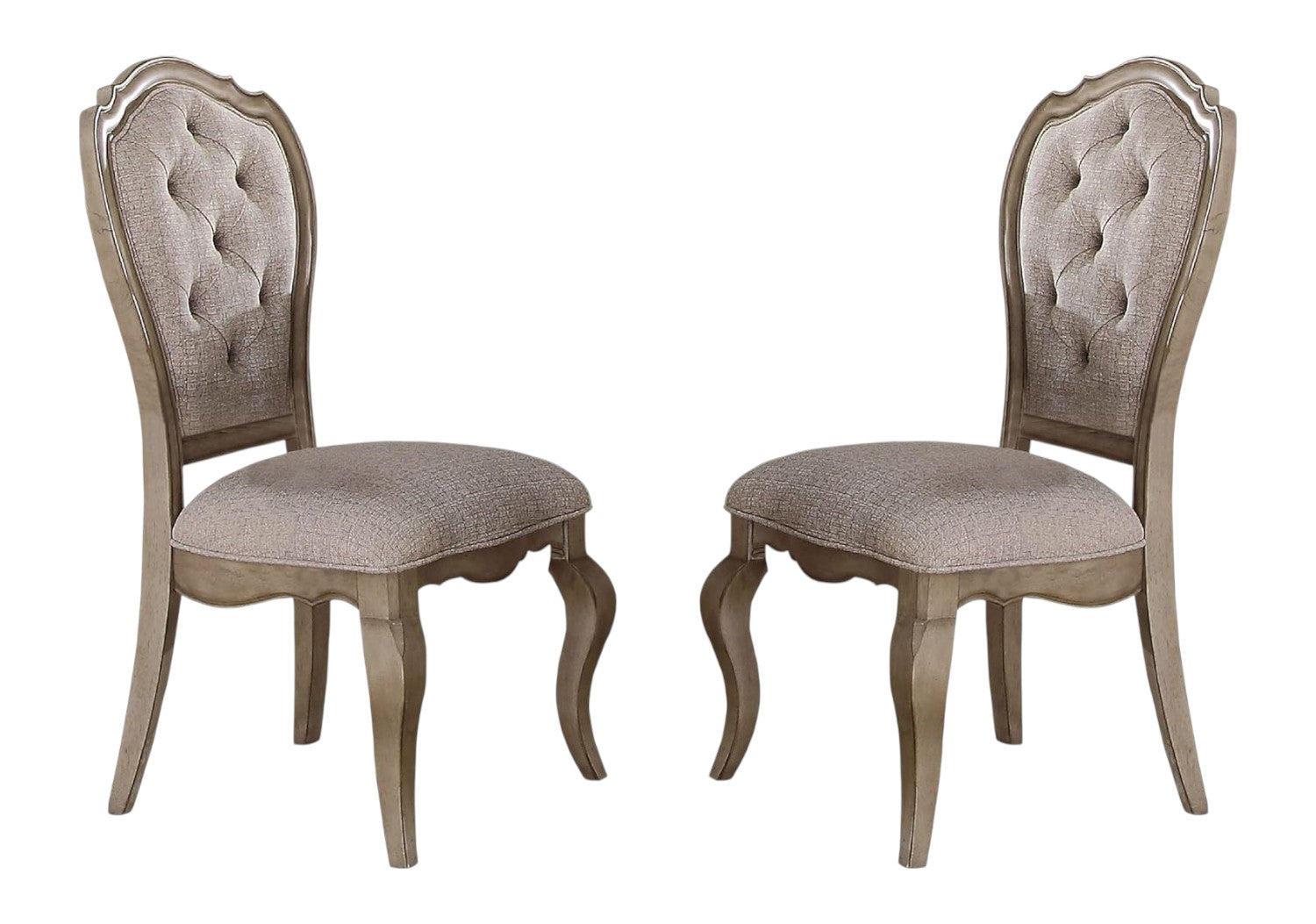 Set of Two Tufted Beige and Taupe Upholstered Fabric And Solid Wood Dining Side Chairs