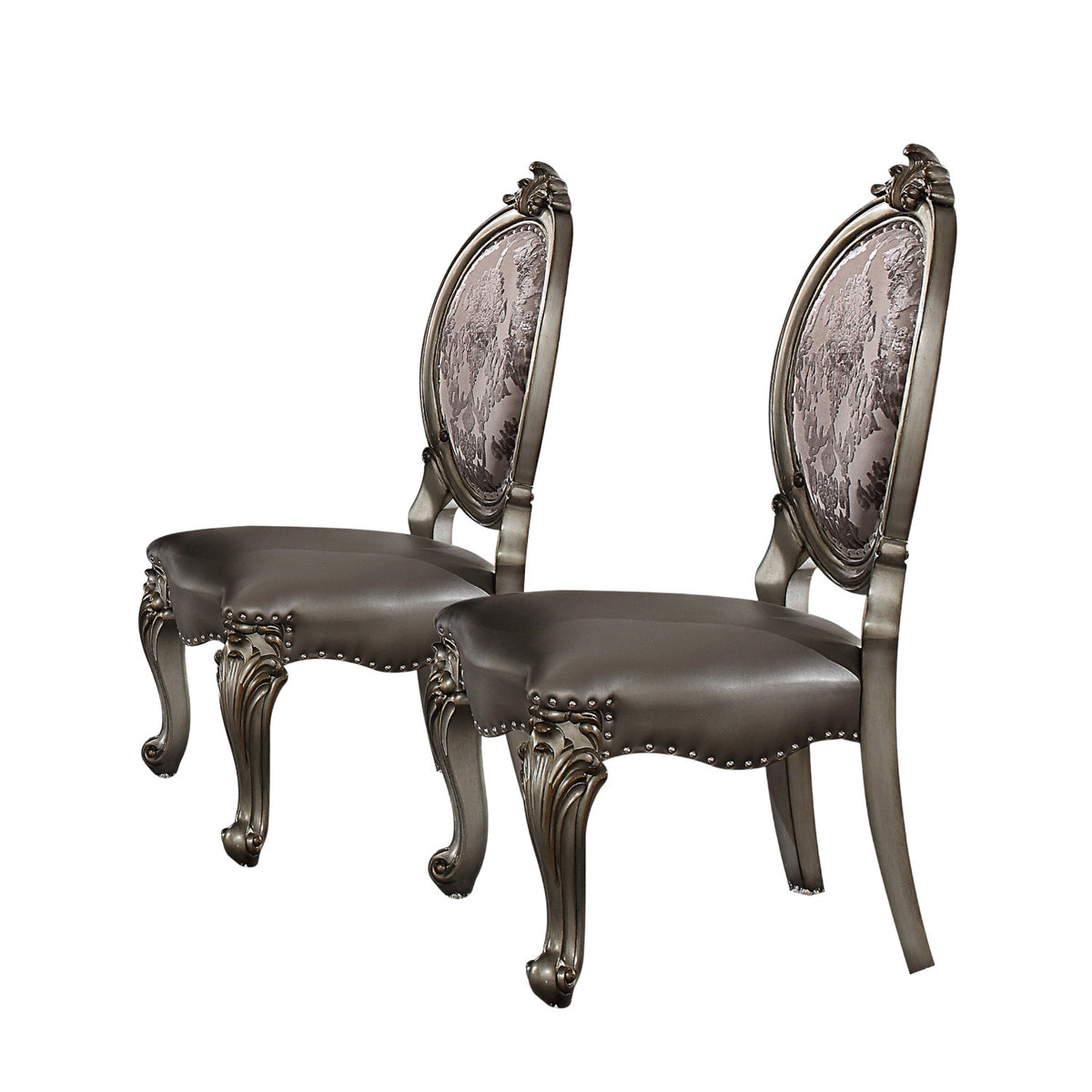 Set of Two Silver and Platinum Upholstered Faux Leather And Solid Wood King Louis Back Dining Side Chairs