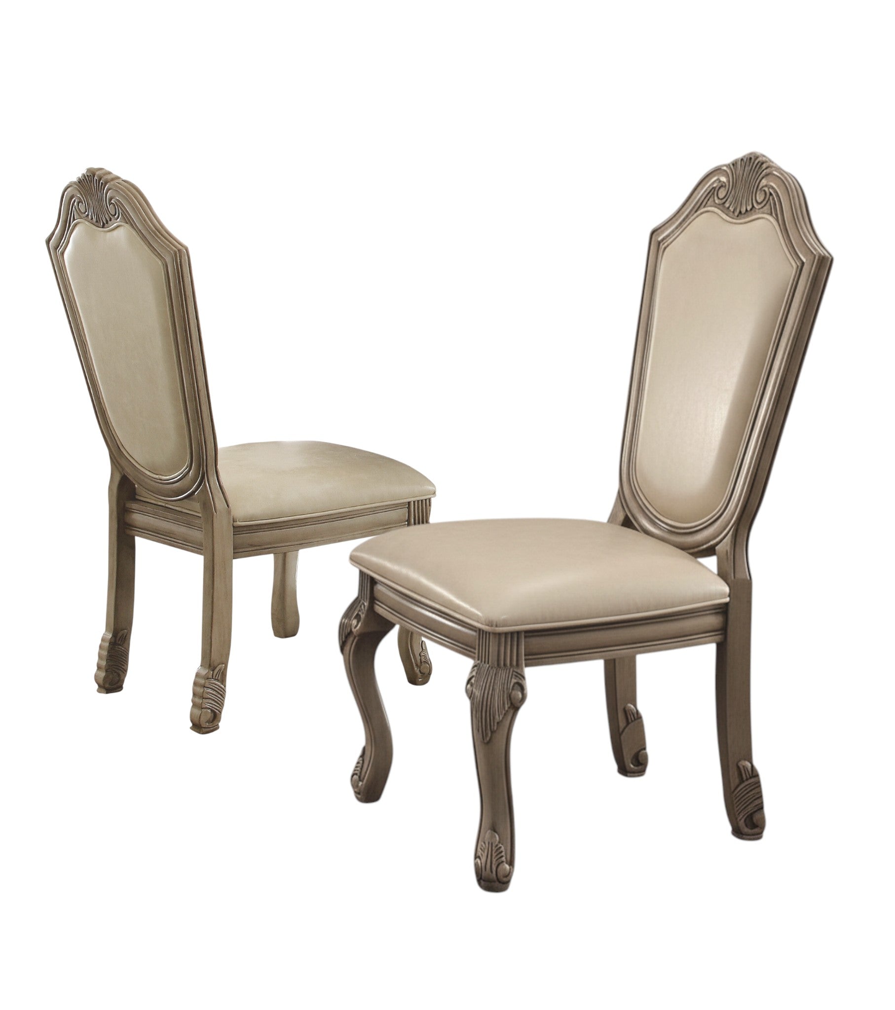 Set of Two Antiqued White Upholstered Faux Leather Dining Side Chairs
