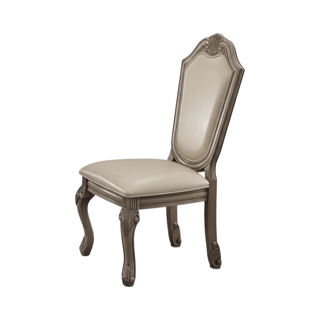 Set of Two Antiqued White Upholstered Faux Leather Dining Side Chairs