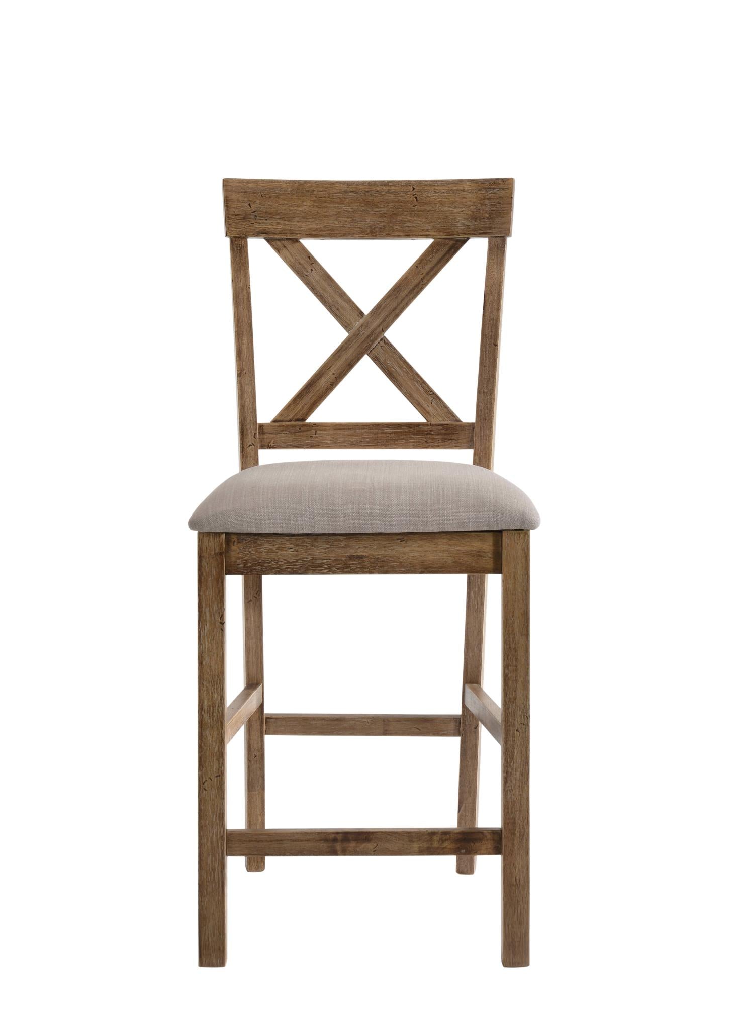 Set of Two 26" Tan And Oak Linen And Solid Wood Counter Height Bar Chairs