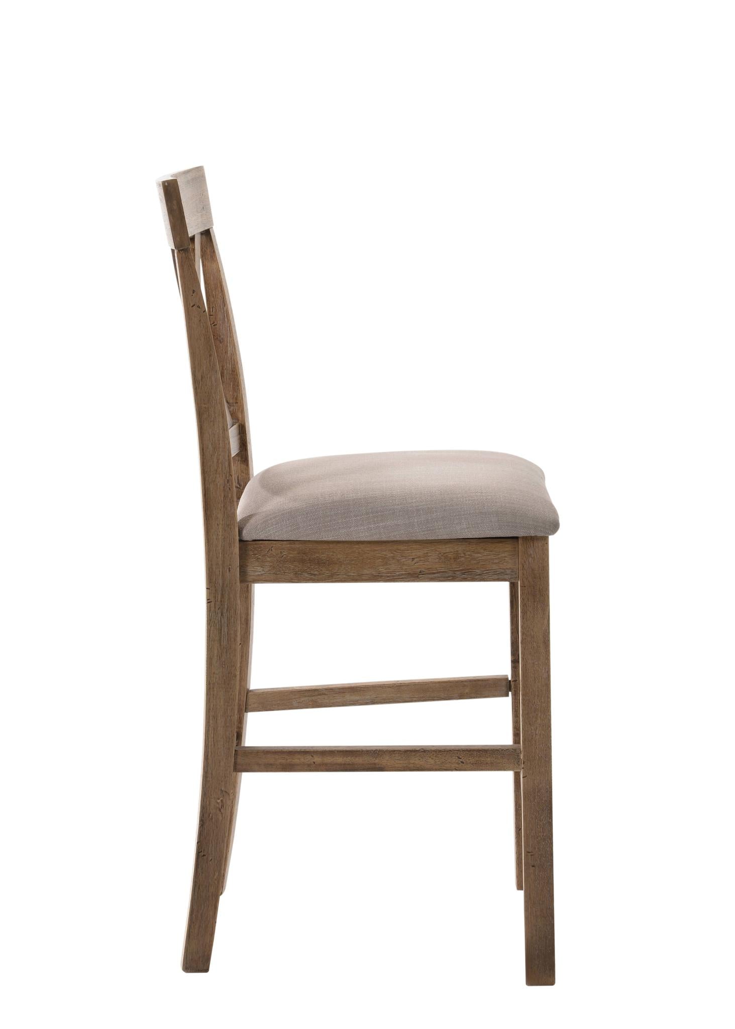 Set of Two 26" Tan And Oak Linen And Solid Wood Counter Height Bar Chairs