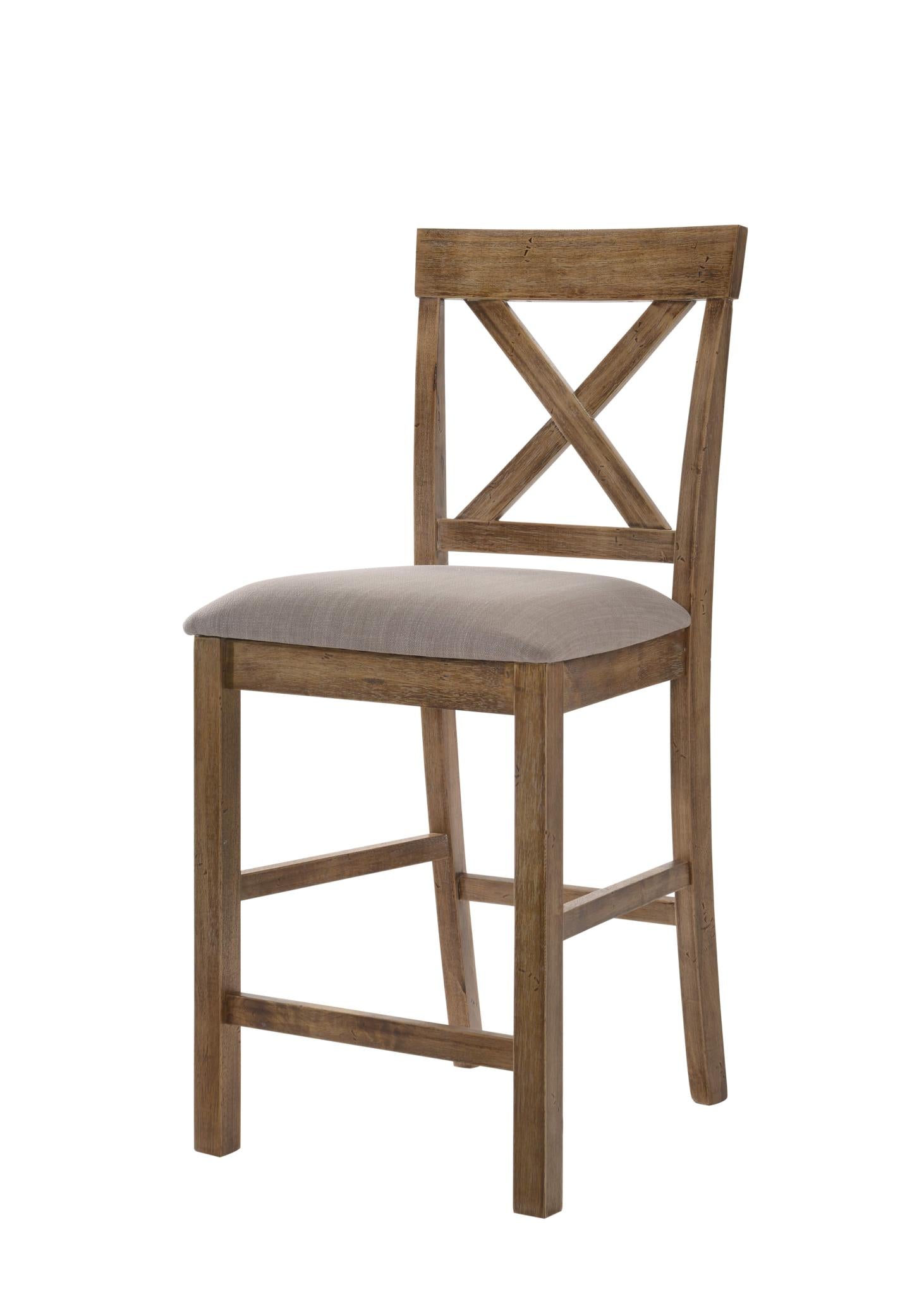 Set of Two 26" Tan And Oak Linen And Solid Wood Counter Height Bar Chairs