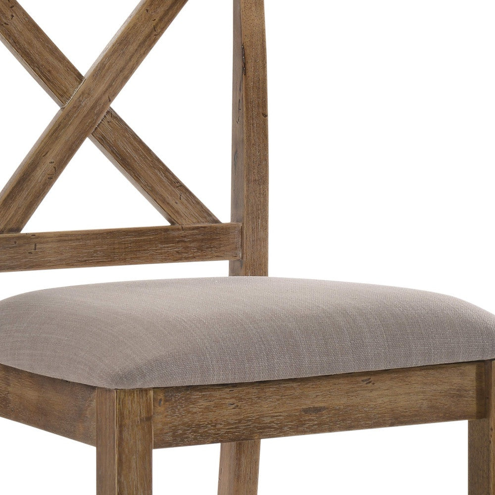 Set of Two 26" Tan And Oak Linen And Solid Wood Counter Height Bar Chairs