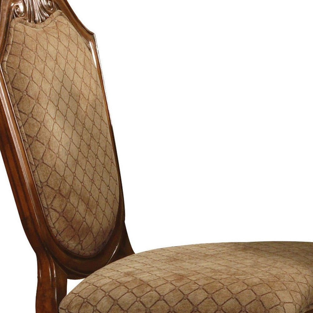 Set of Two 24" Beige And Brown Fabric And Solid Wood Counter Height Bar Chairs