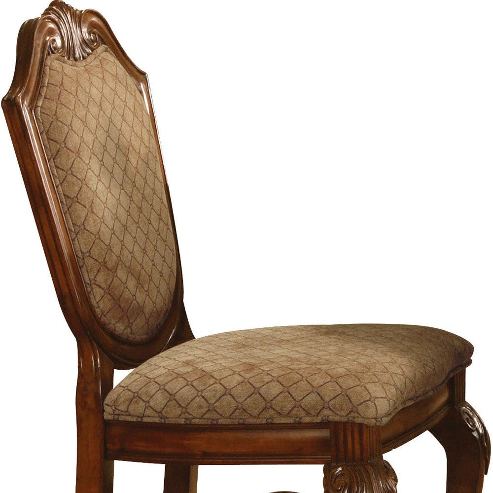 Set of Two 24" Beige And Brown Fabric And Solid Wood Counter Height Bar Chairs