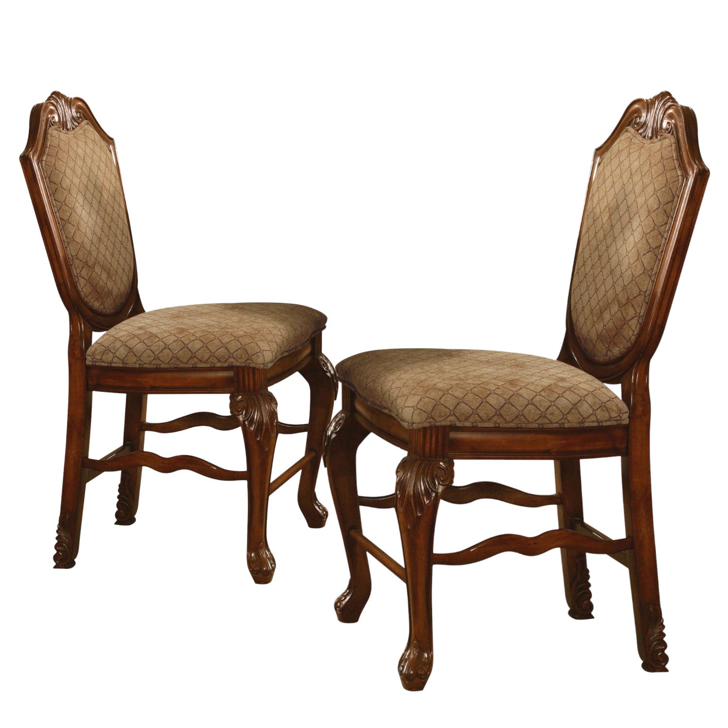 Set of Two 24" Beige And Brown Fabric And Solid Wood Counter Height Bar Chairs