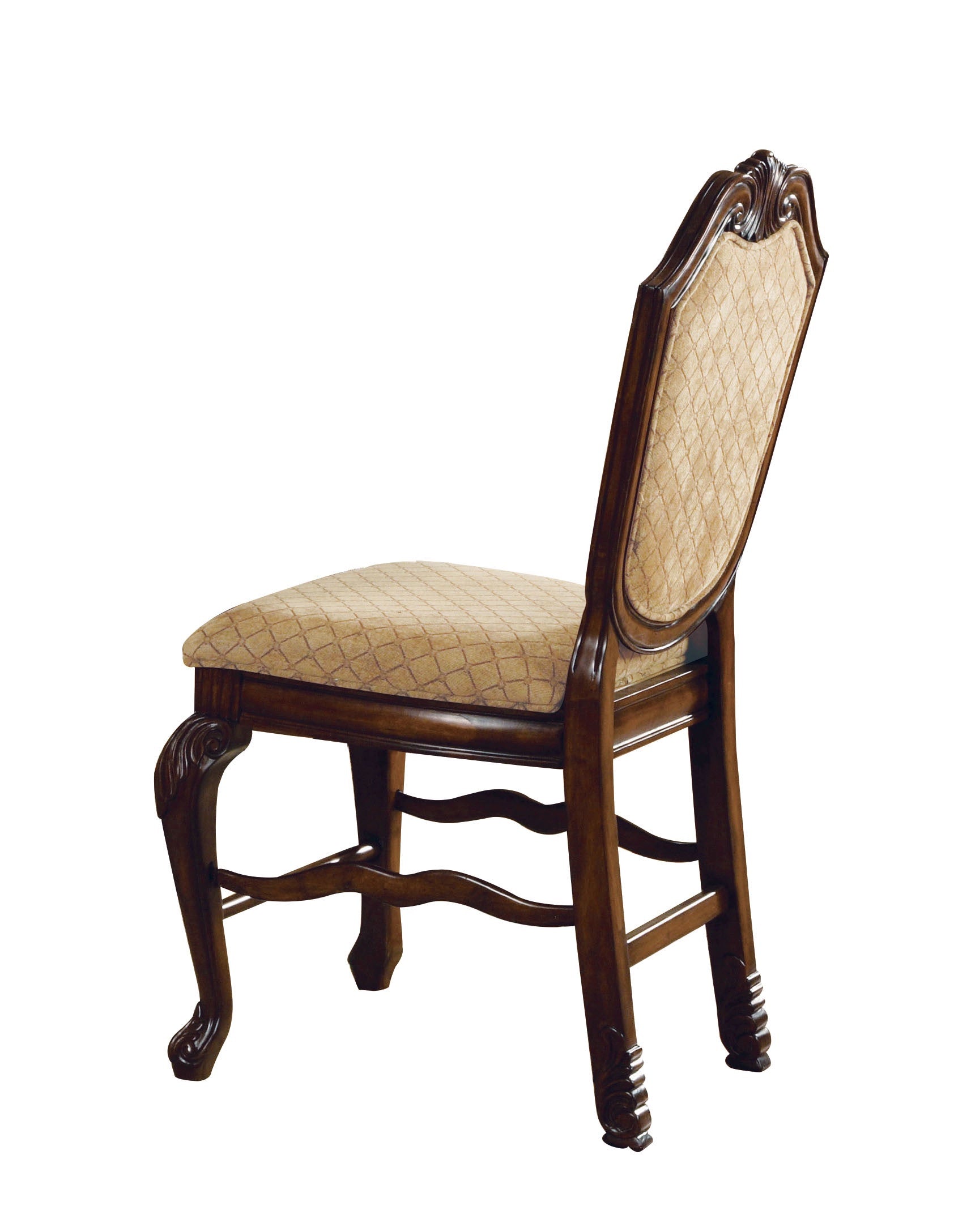 Set of Two 24" Beige And Espresso Fabric And Solid Wood Counter Height Bar Chairs