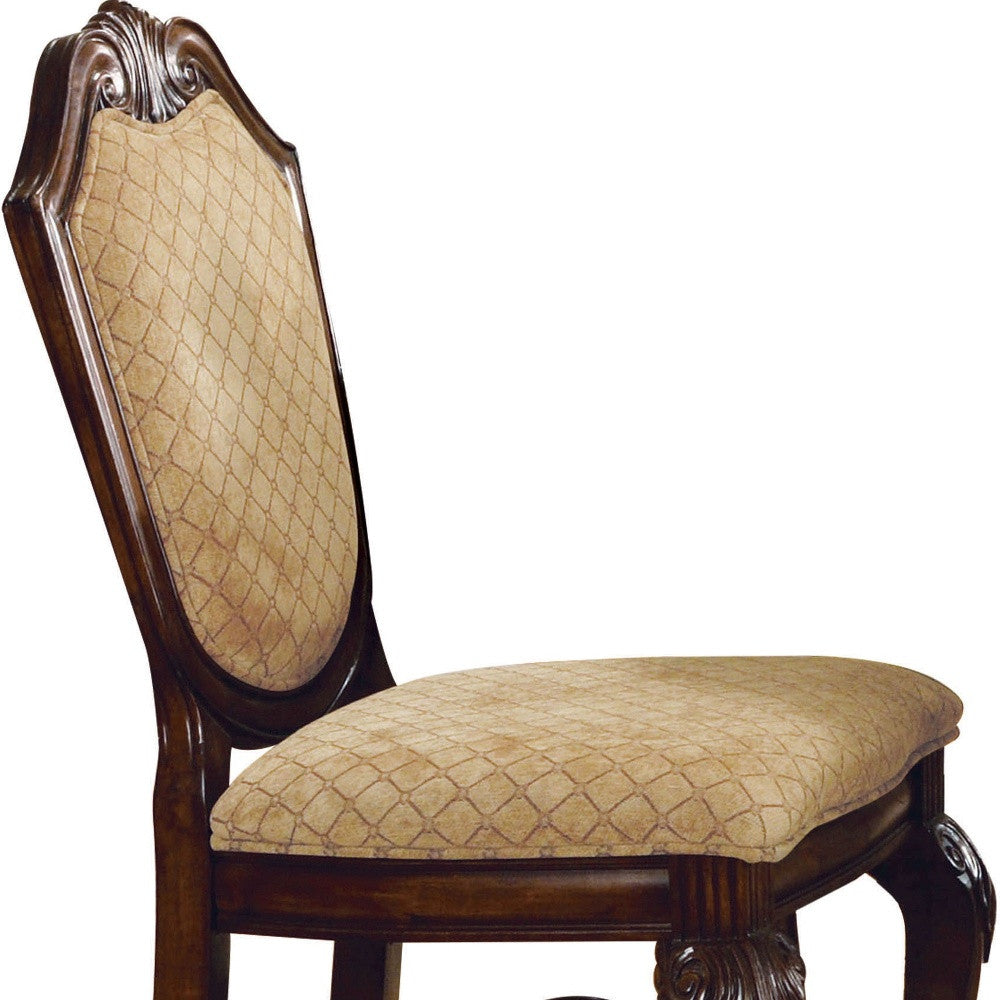 Set of Two 24" Beige And Espresso Fabric And Solid Wood Counter Height Bar Chairs