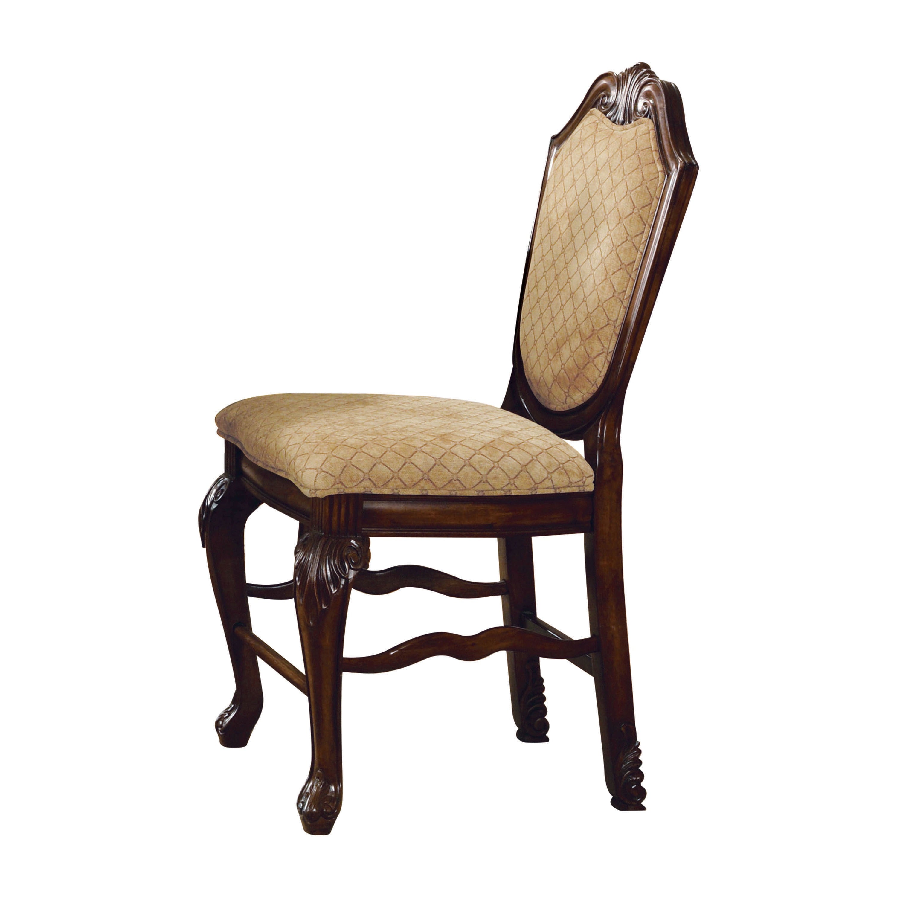 Set of Two 24" Beige And Espresso Fabric And Solid Wood Counter Height Bar Chairs