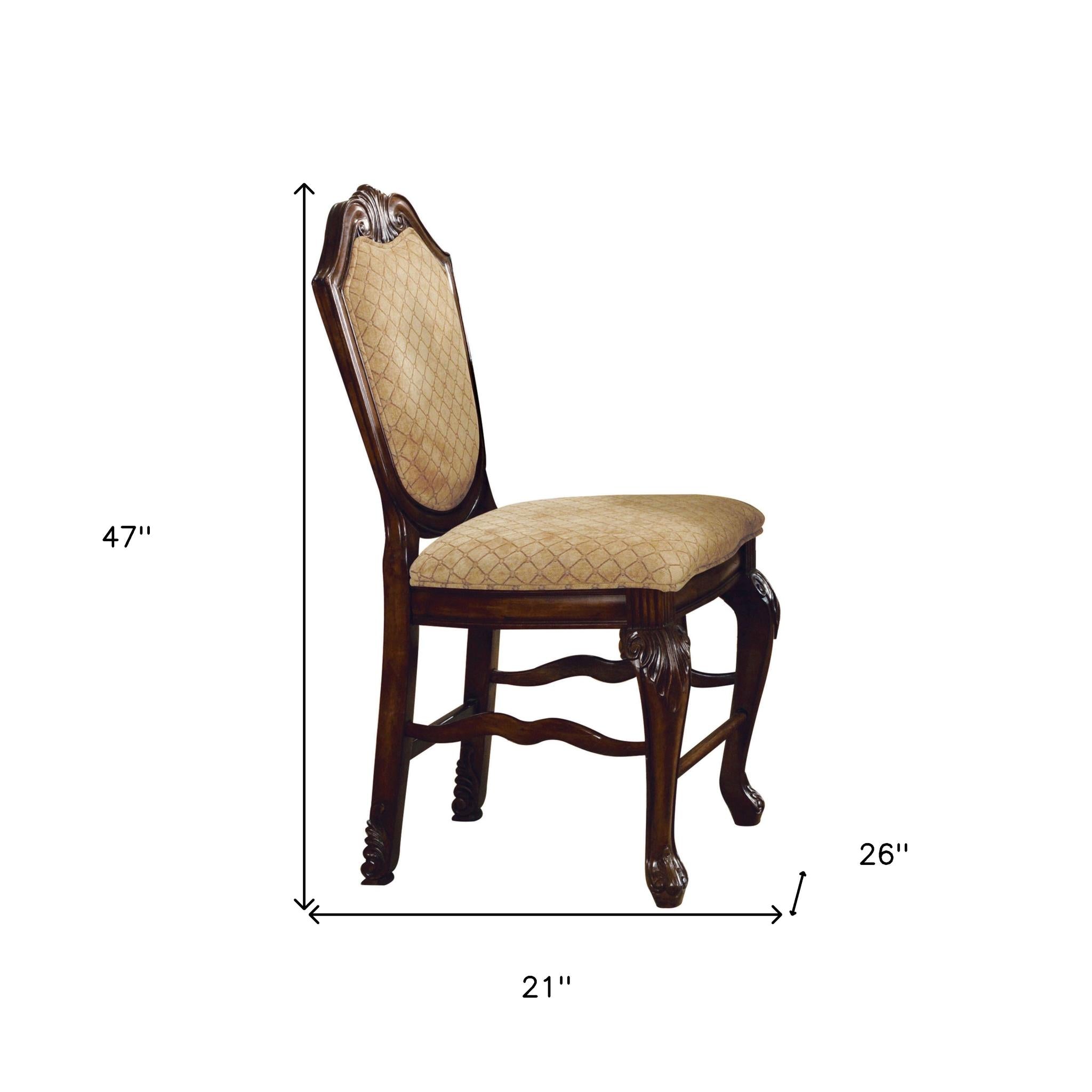 Set of Two 24" Beige And Espresso Fabric And Solid Wood Counter Height Bar Chairs