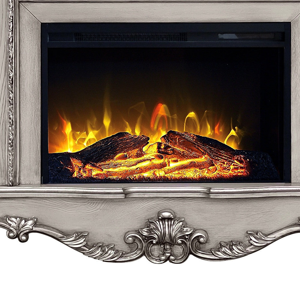 47" Bone Wood Ornate Carved Scrollwork Electric Free Standing Fireplace With Mantle