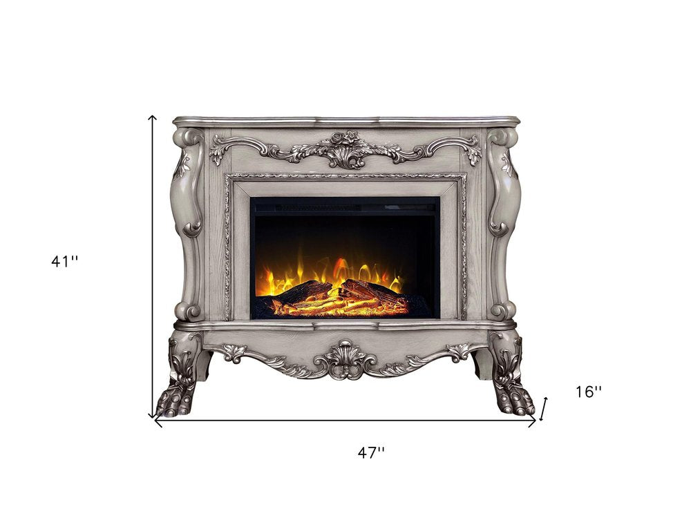 47" Bone Wood Ornate Carved Scrollwork Electric Free Standing Fireplace With Mantle