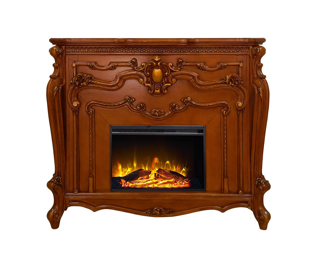 59" Brown Wood Ornate Carved Scrollwork Electric Fireplace With Mantle