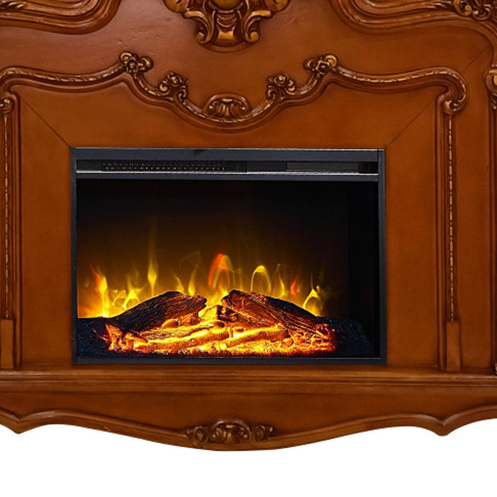 59" Brown Wood Ornate Carved Scrollwork Electric Fireplace With Mantle