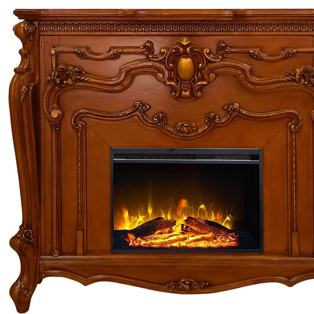 59" Brown Wood Ornate Carved Scrollwork Electric Fireplace With Mantle
