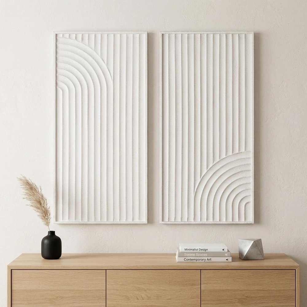Set of Two White Metal Abstract Hanging Dimensional Sculptures