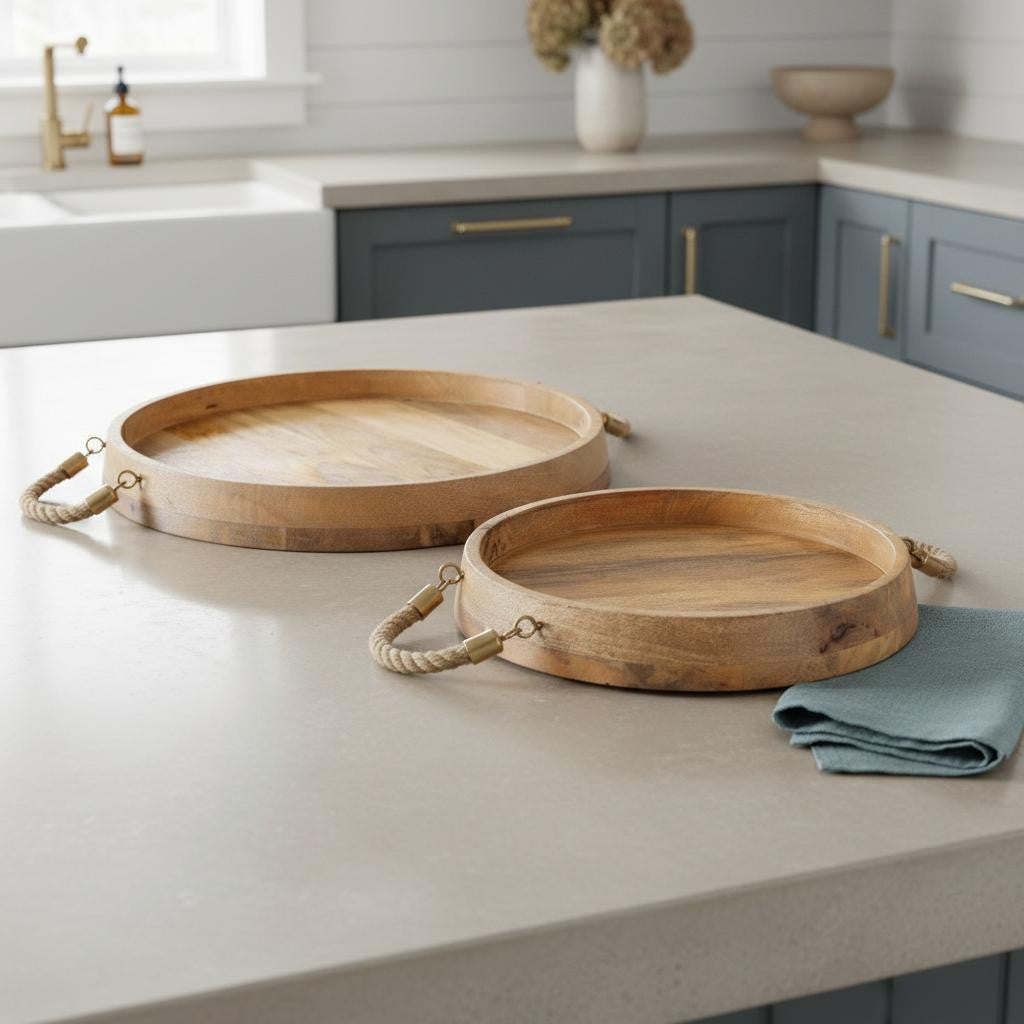 Set of Two Brown Round Solid Wood Serving Trays With Handles
