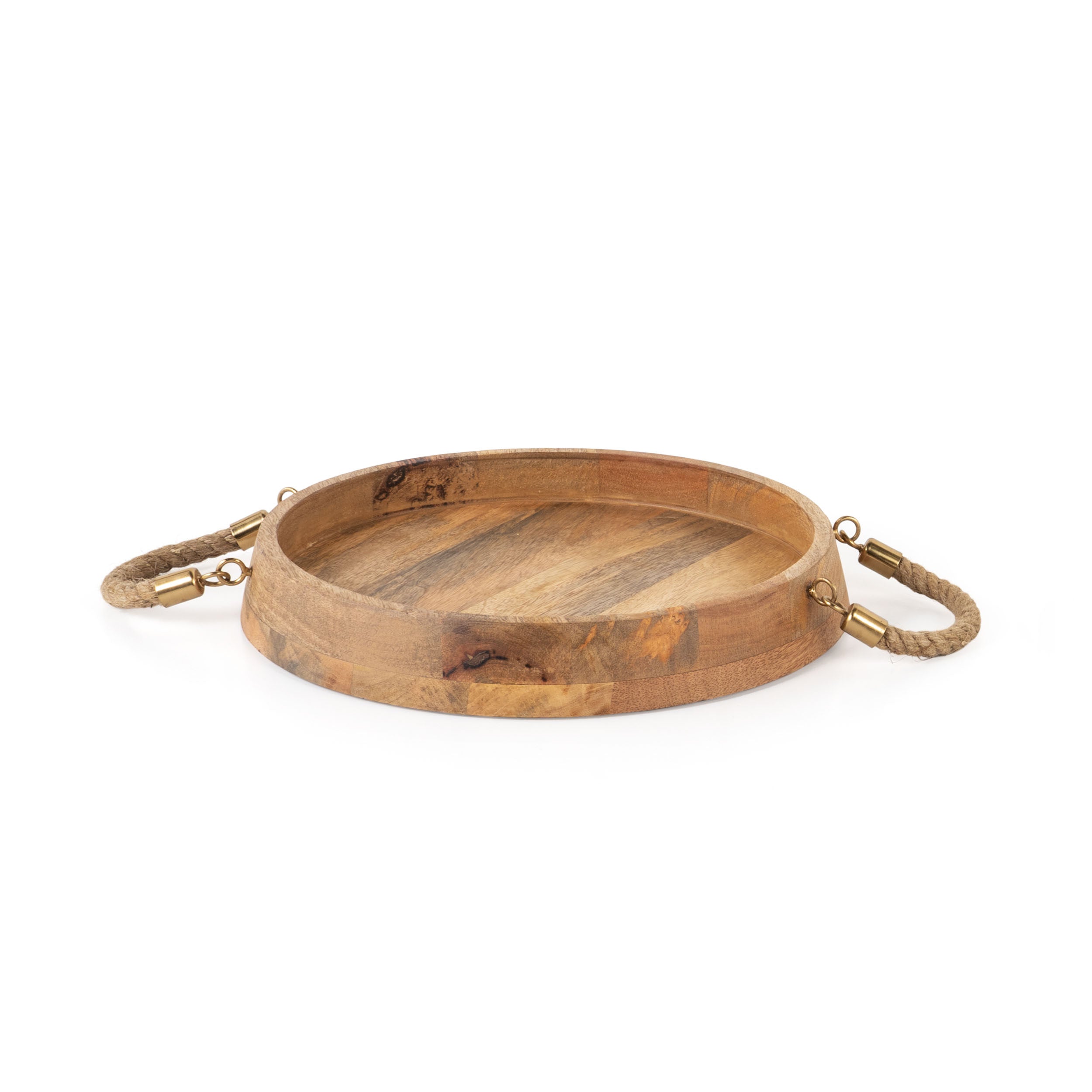 Set of Two Brown Round Solid Wood Serving Trays With Handles
