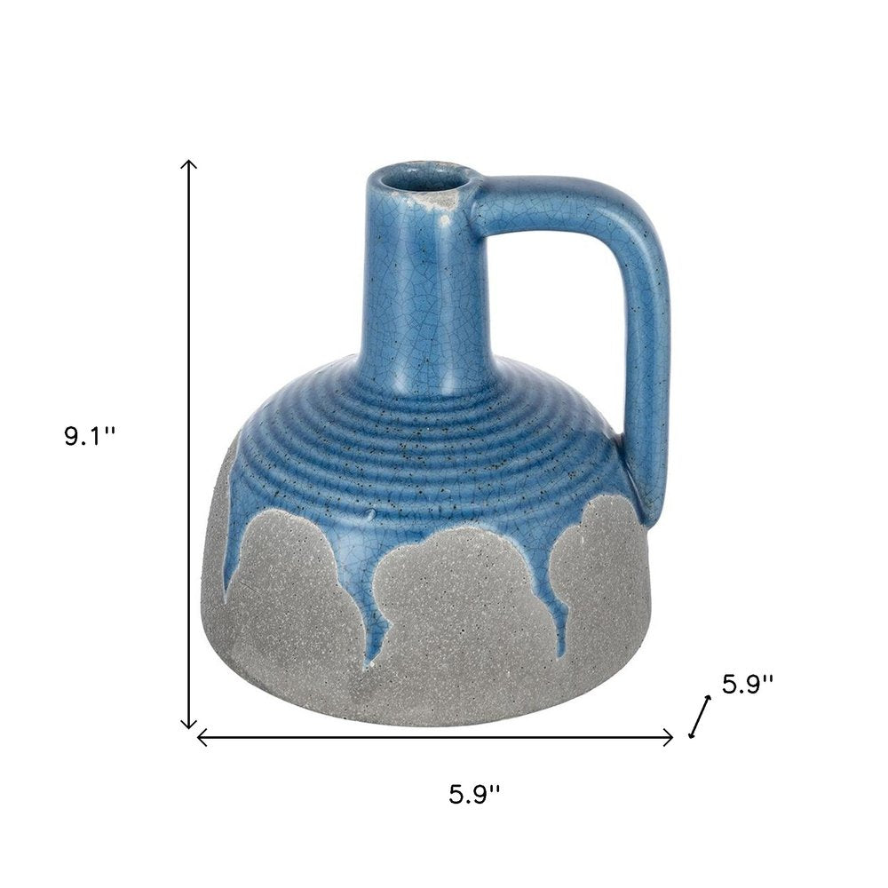 9" Blue And Gray Ceramic Urn Jug Vase
