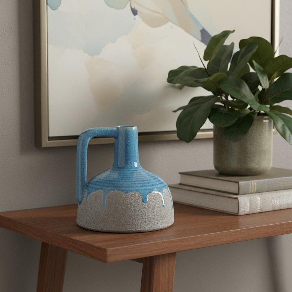 9" Blue And Gray Ceramic Urn Jug Vase