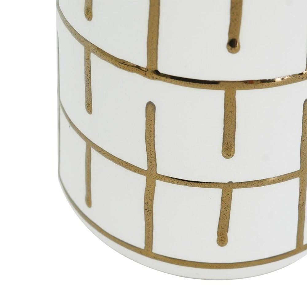 12" Ivory And Gold Geometric Cylindrical Ceramic Table Vase