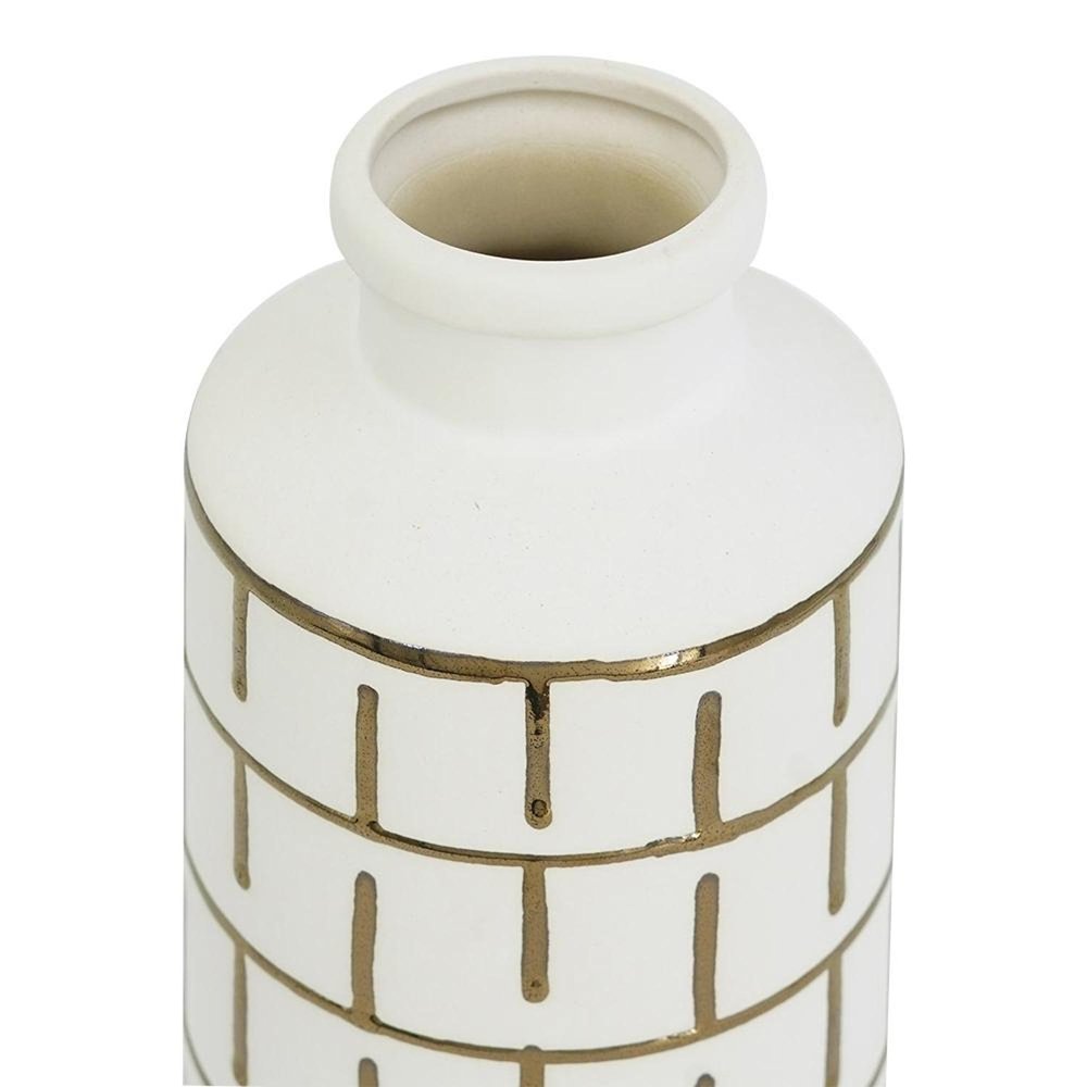 12" Ivory And Gold Geometric Cylindrical Ceramic Table Vase