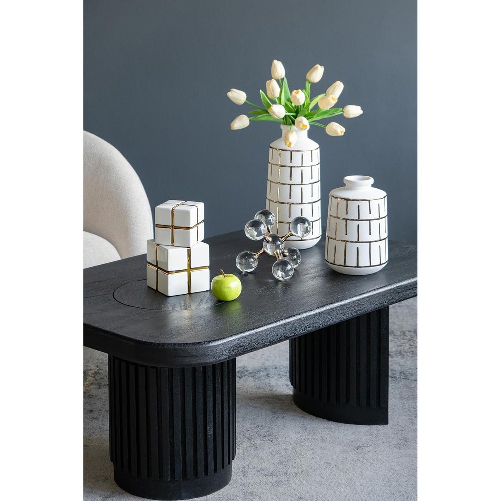 12" Ivory And Gold Geometric Cylindrical Ceramic Table Vase
