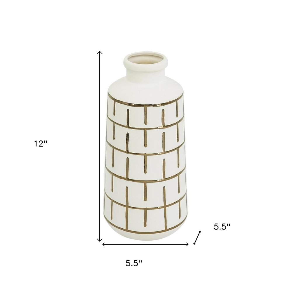 12" Ivory And Gold Geometric Cylindrical Ceramic Table Vase