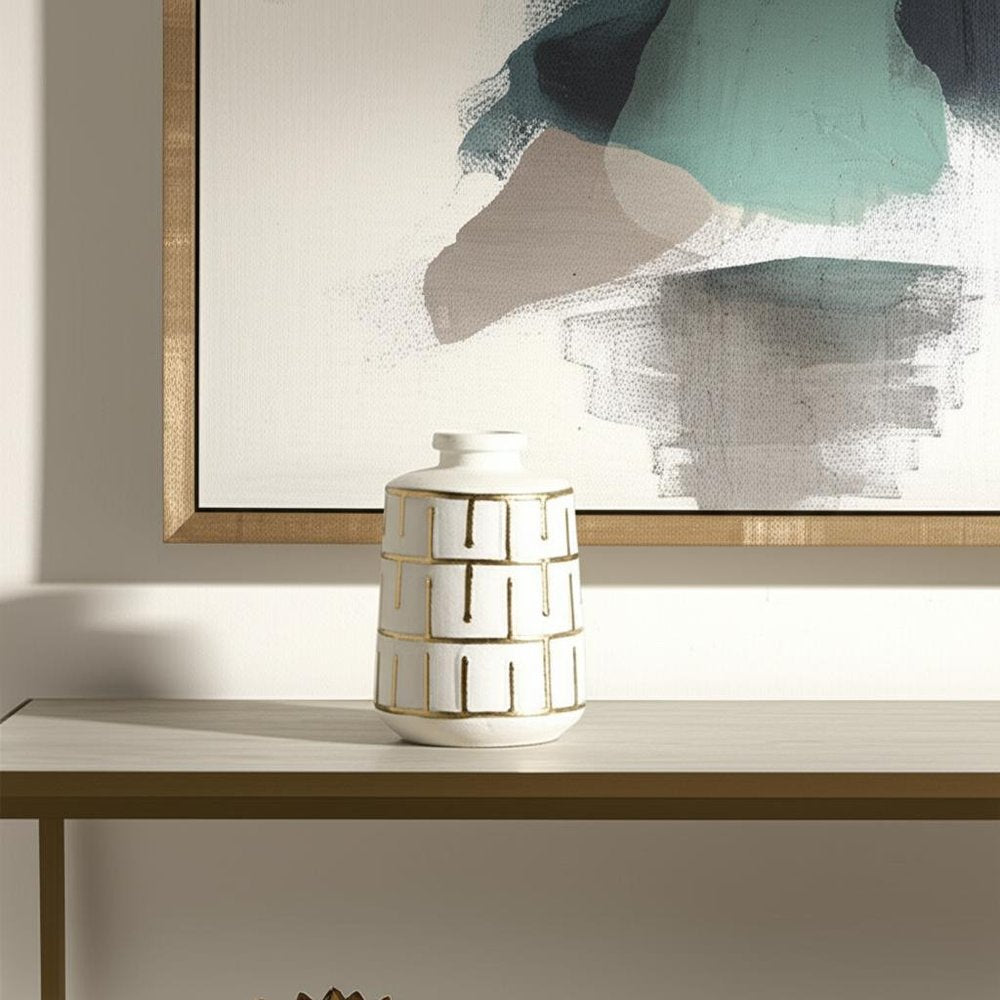9" Ivory And Gold Geometric Round Ceramic Table Vase