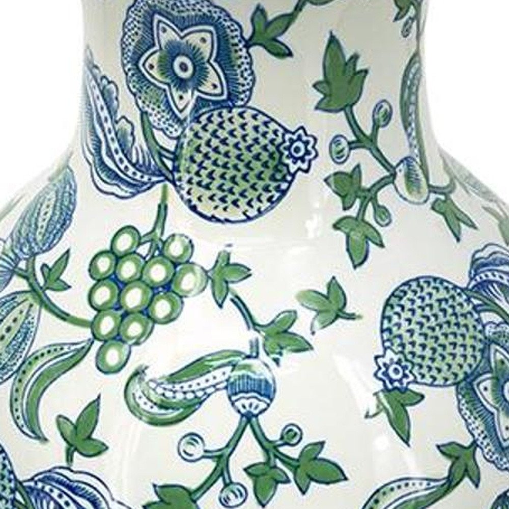 19" White Blue And Green Floral Urn Porcelain Table Vase