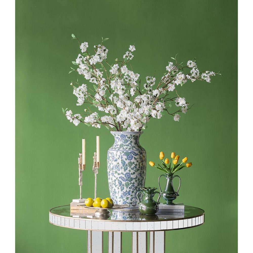 24" White Blue And Green And White Chinoiserie Porcelain Table Vase
