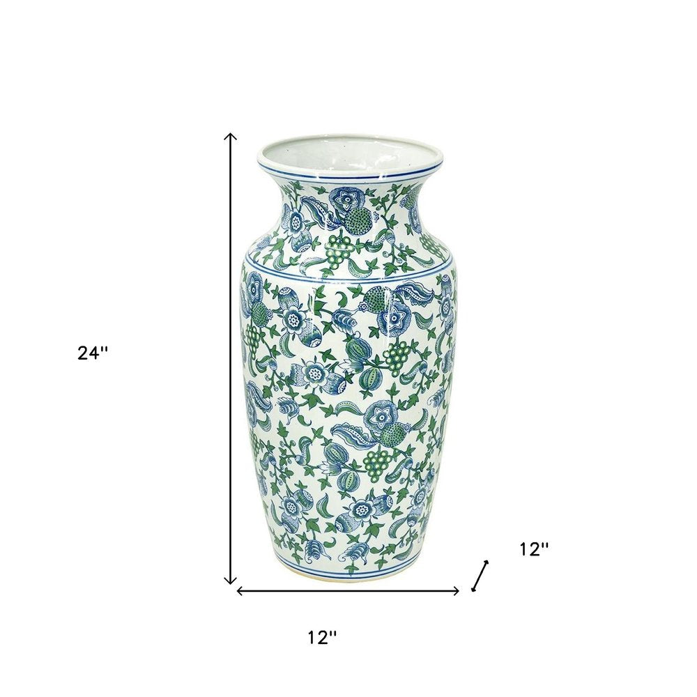 24" White Blue And Green And White Chinoiserie Porcelain Table Vase