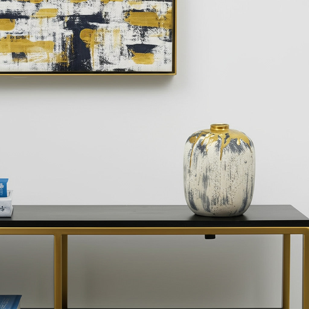 8" Gray Ivory And Gold Modern Abstract Ceramic Table Vase