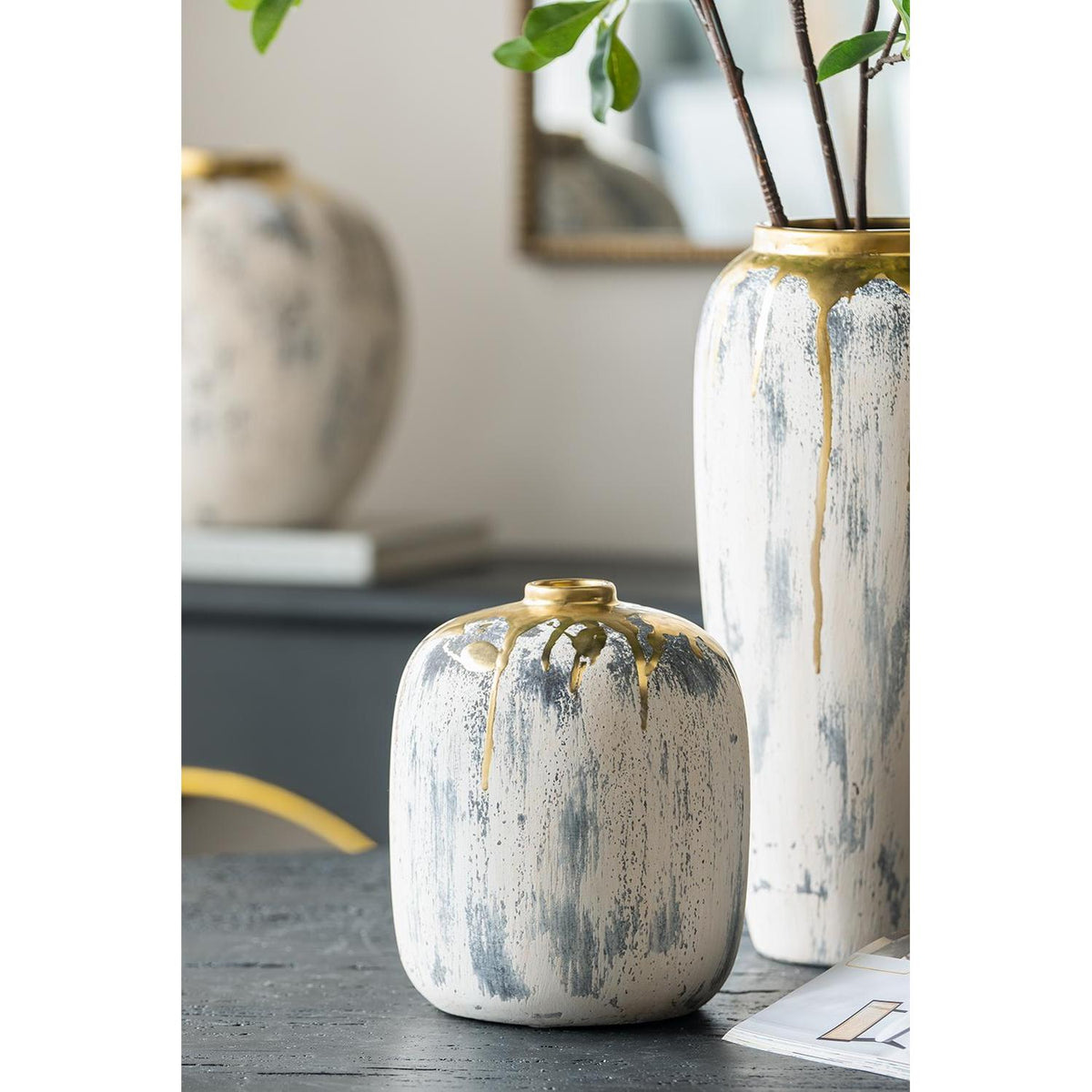 8" Gray Ivory And Gold Modern Abstract Ceramic Table Vase