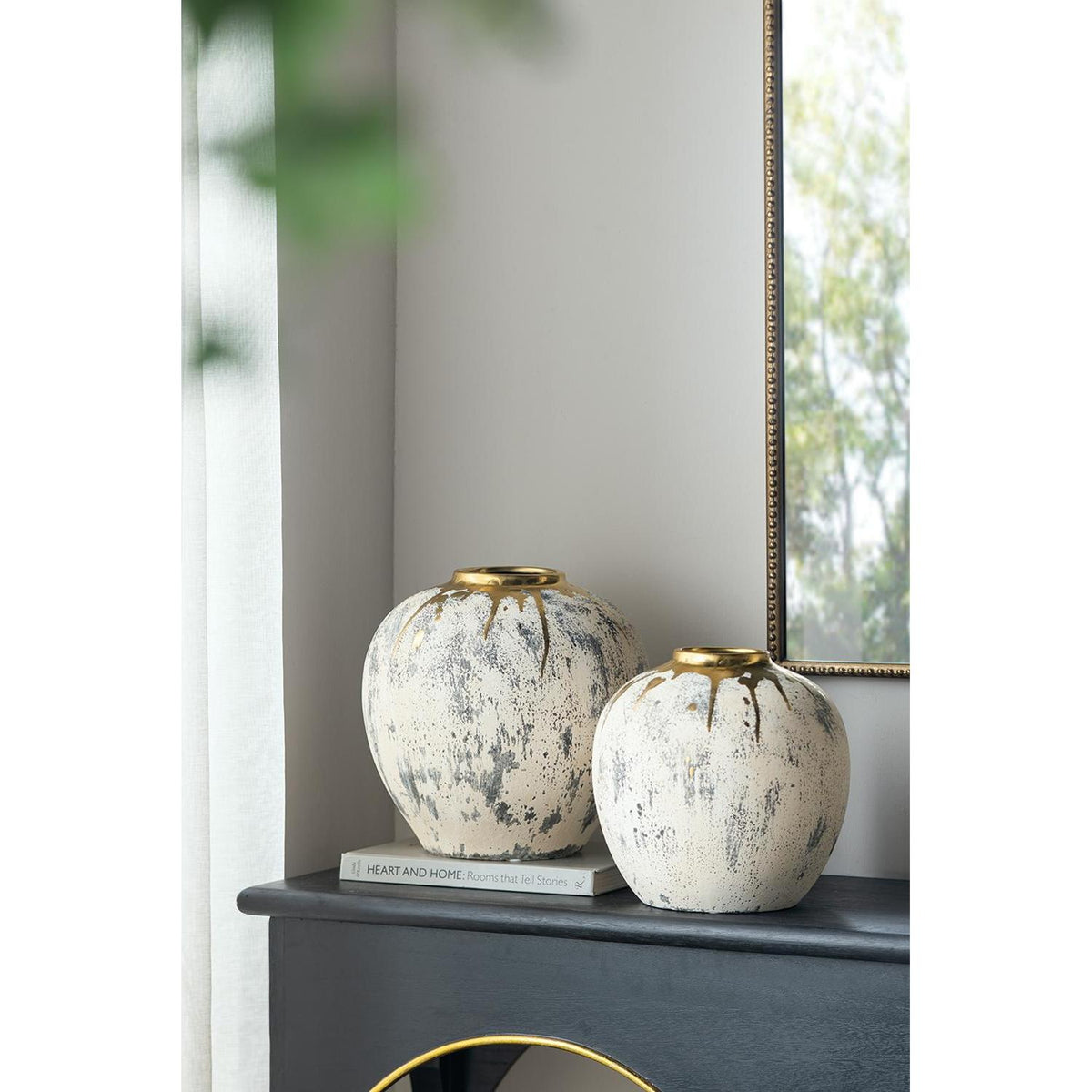 12" Gray Ivory And Gold Modern Abstract Ceramic Table Vase