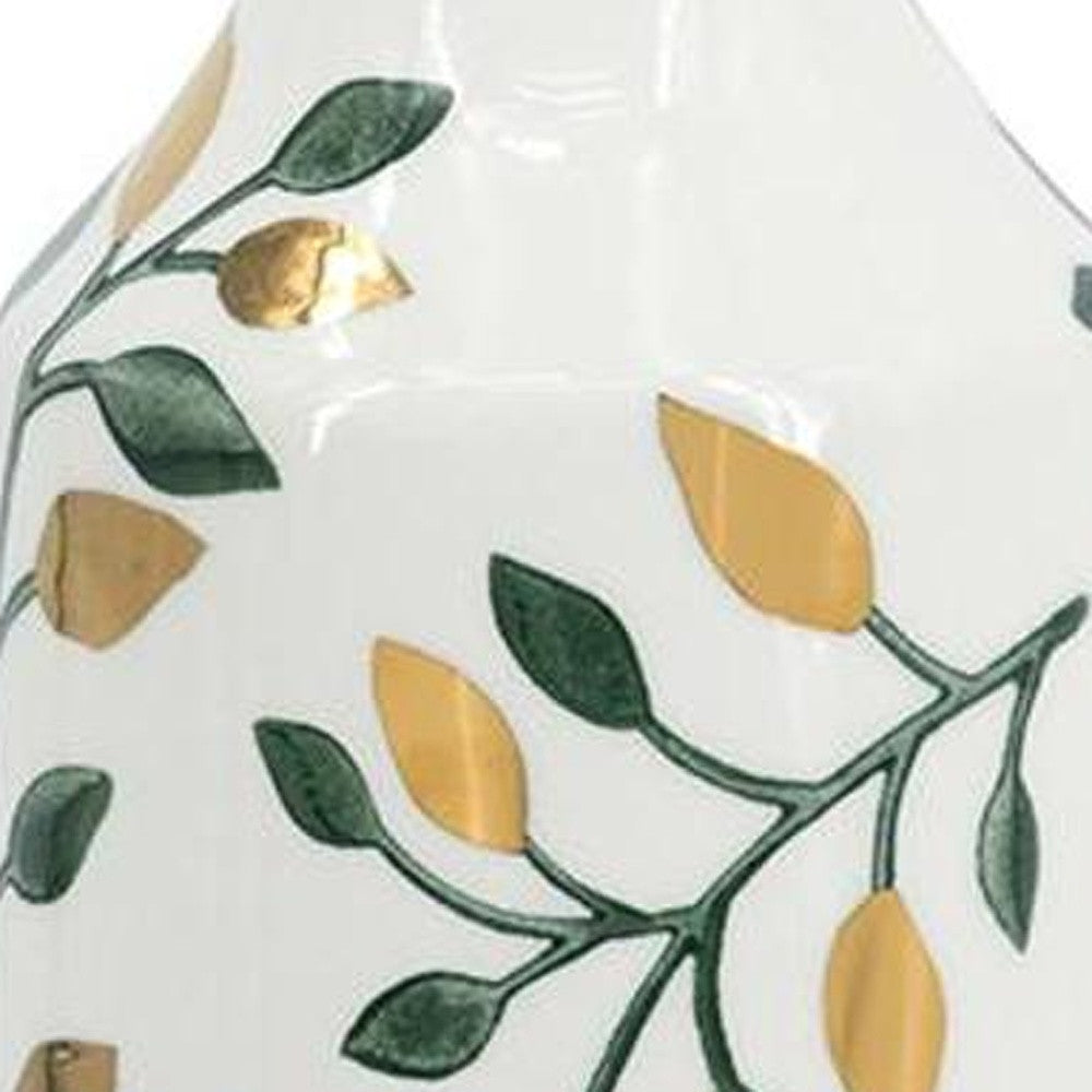 12" White Green And Gold Floral Leaf Bud Ceramic Table Vase