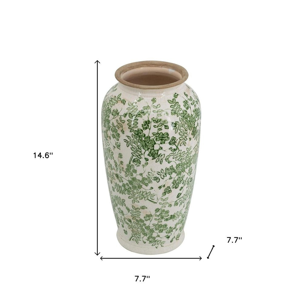 15" Green And White Leaf Ceramic Trumpet Table Vase