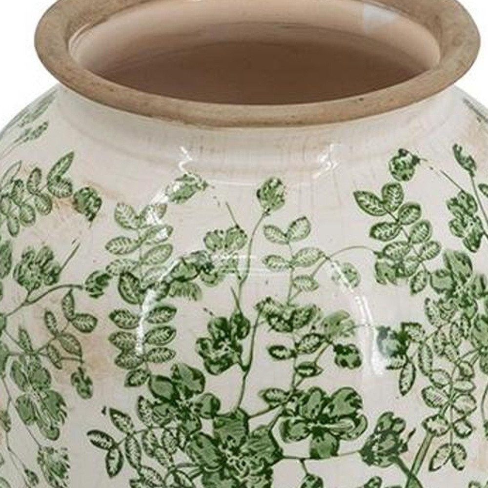 15" Green And White Leaf Ceramic Trumpet Table Vase