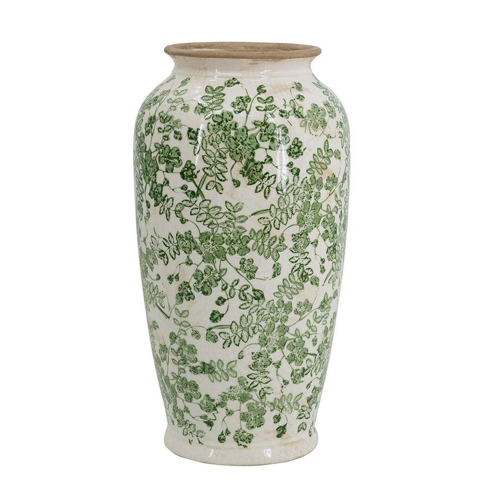 15" Green And White Leaf Ceramic Trumpet Table Vase