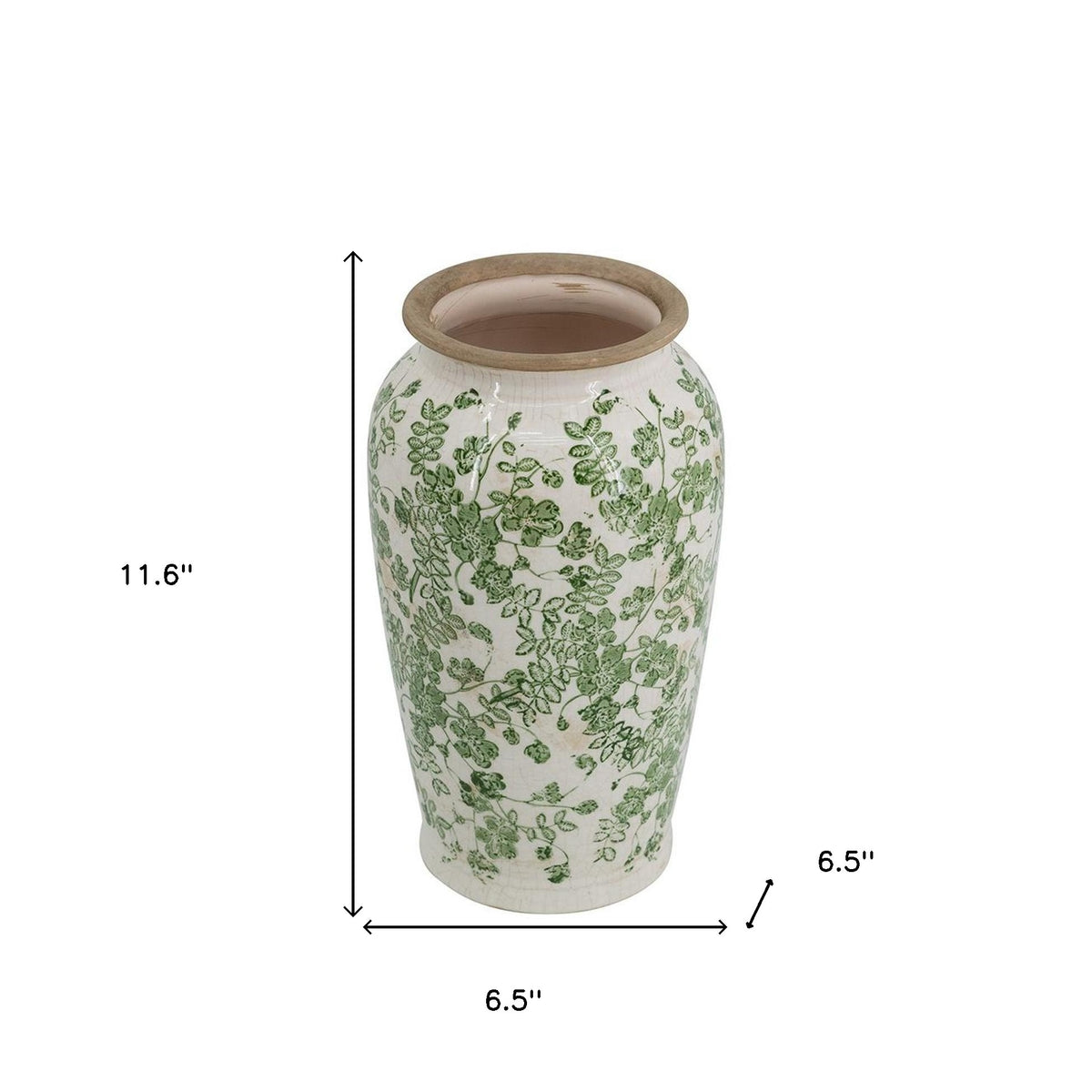 12" Green And White Leaf Ceramic Round Table Vase