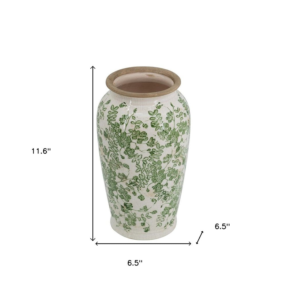 12" Green And White Leaf Ceramic Round Table Vase
