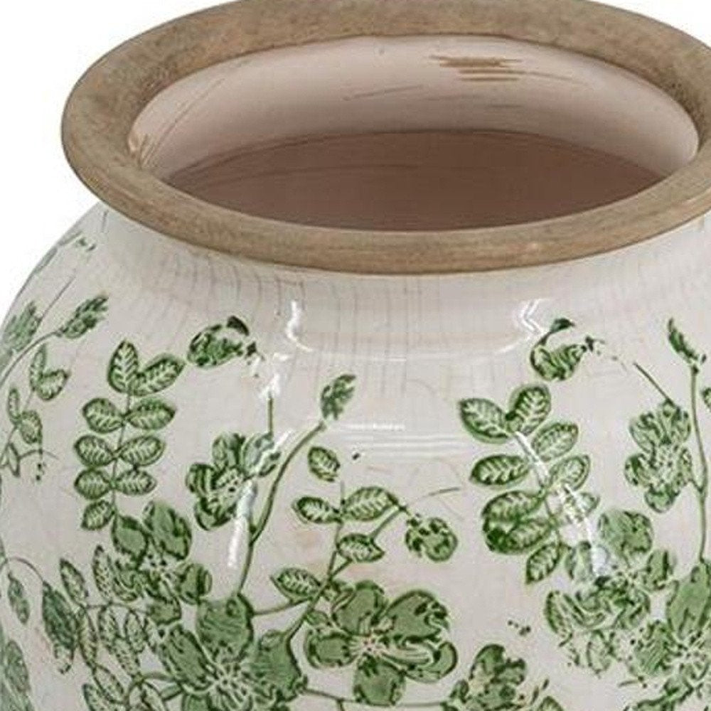 12" Green And White Leaf Ceramic Round Table Vase