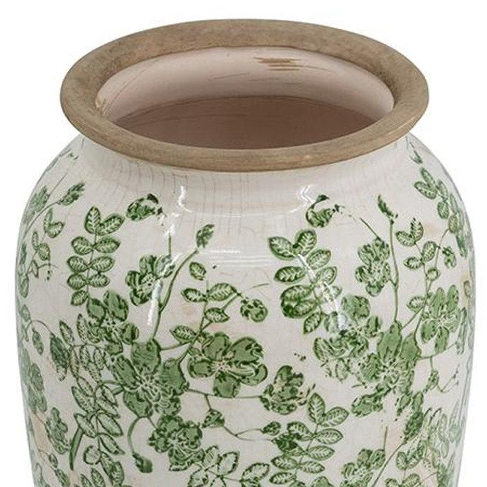 12" Green And White Leaf Ceramic Round Table Vase